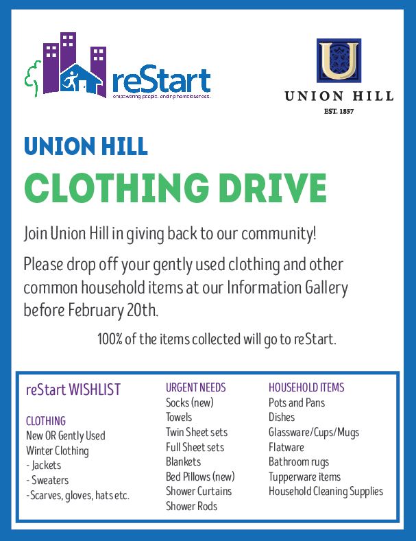 Join Union Hill in giving back to our community by donating to our clothing drive for reStart.